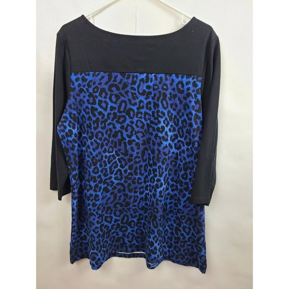 Denim & Co Black Blue Leopard Print 3/4 Sleeve Tunic Top Size Large - Picture 6 of 6